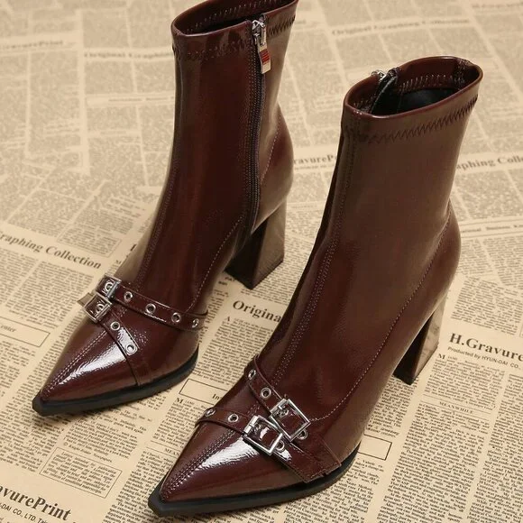 Burgundy Casual Women's Pointed Toe Short Heeled Boots